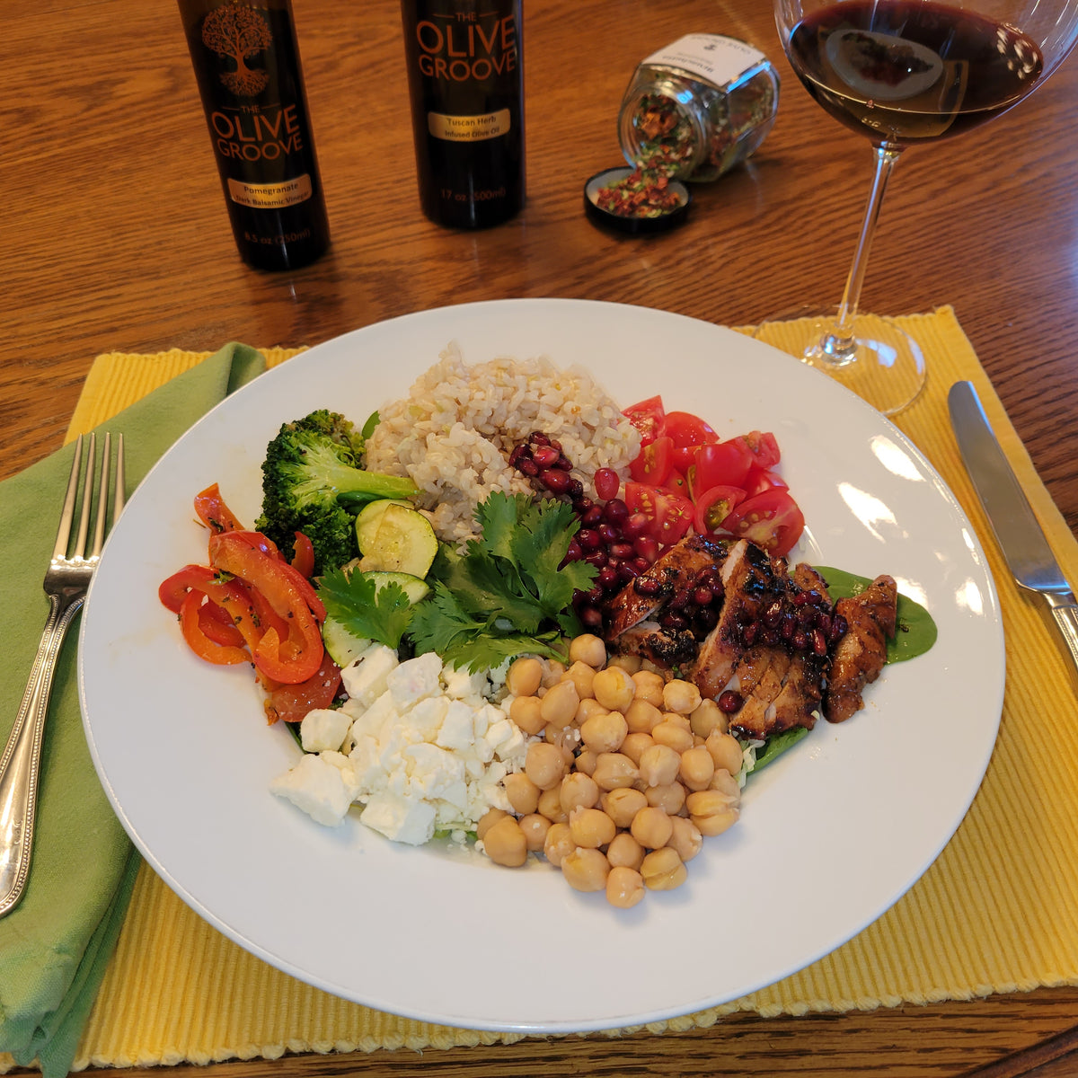 Rice Bowl with Tuscan Herb and Pomegranate Marinated Chicken