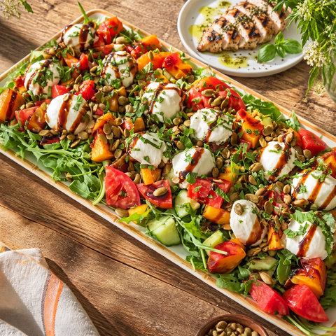 Peach Tomato Burrata Salad with Grilled Amalfi Chicken