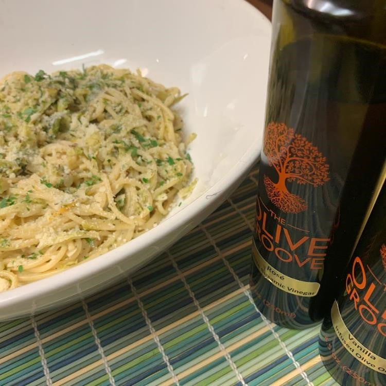 Spaghetti with Brussels Sprouts with a Vanilla, Rosé, Greek Seasoning