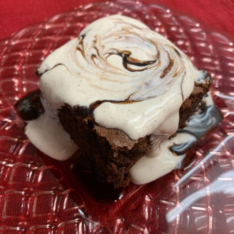 Salted Strawberry Balsamic Brownies with Basil-Smoked Lapsang Tea Cream