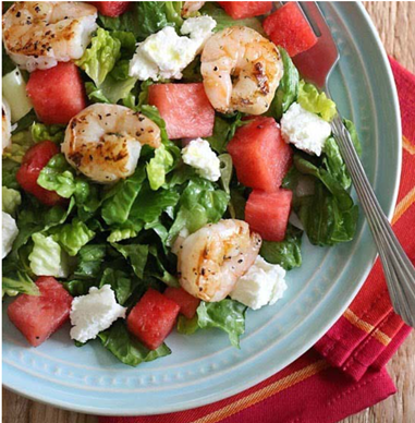 Basil and Grapefruit Grilled Shrimp Salad with Watermelon and Goat Cheese