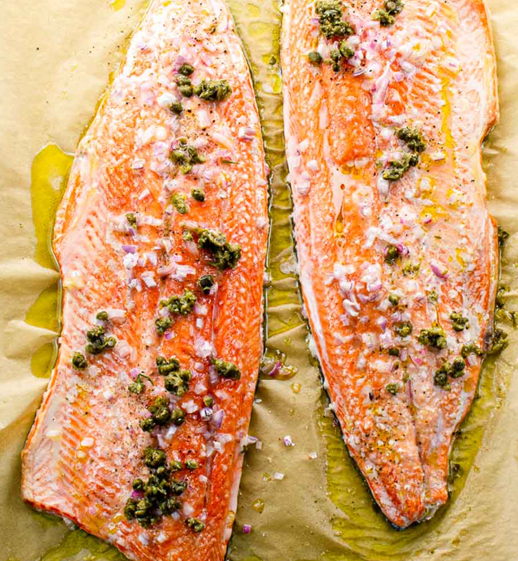 Slow Roasted Shallot Salmon with Capers