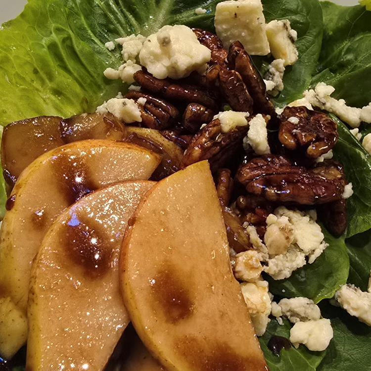 Caramelized Maple Pear Salad with Candied Pecans and Blue Cheese