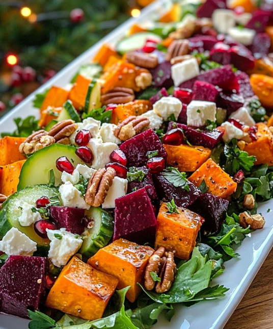 Festive Mediterranean Winter Salad  with Beets, Sweet Potatoes and Pomegranate