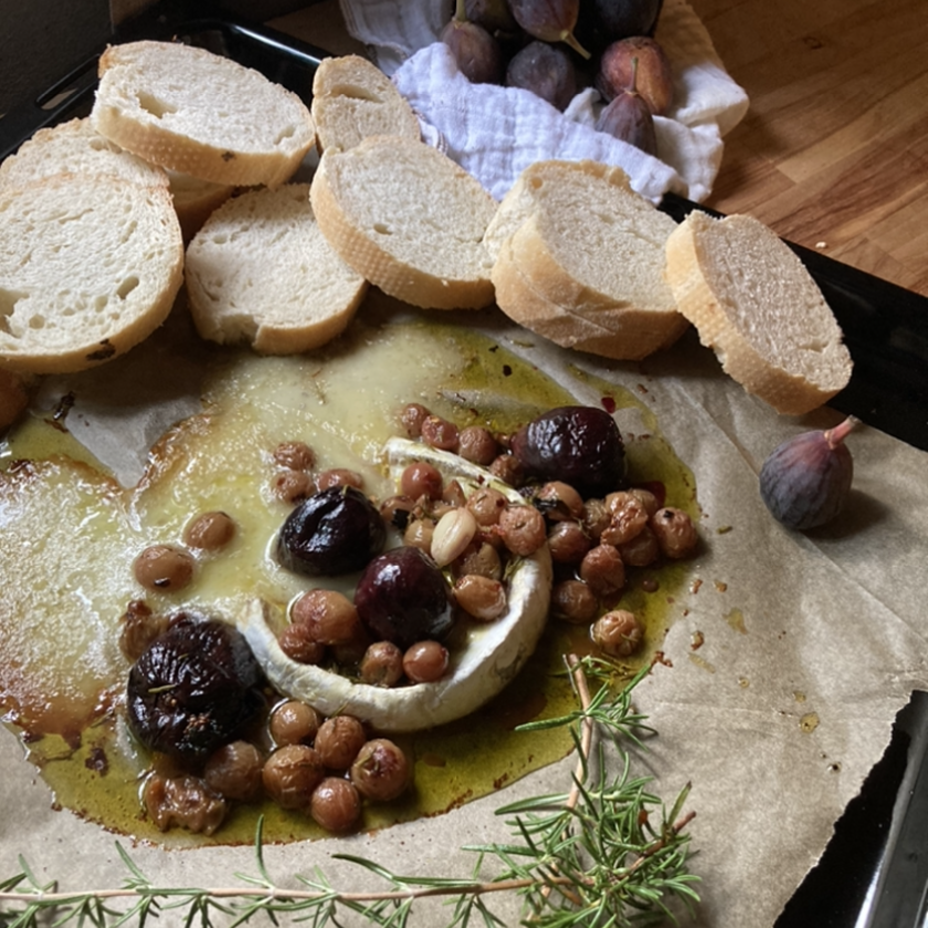 Baked Brie Cheese Topped with Poached Fruit