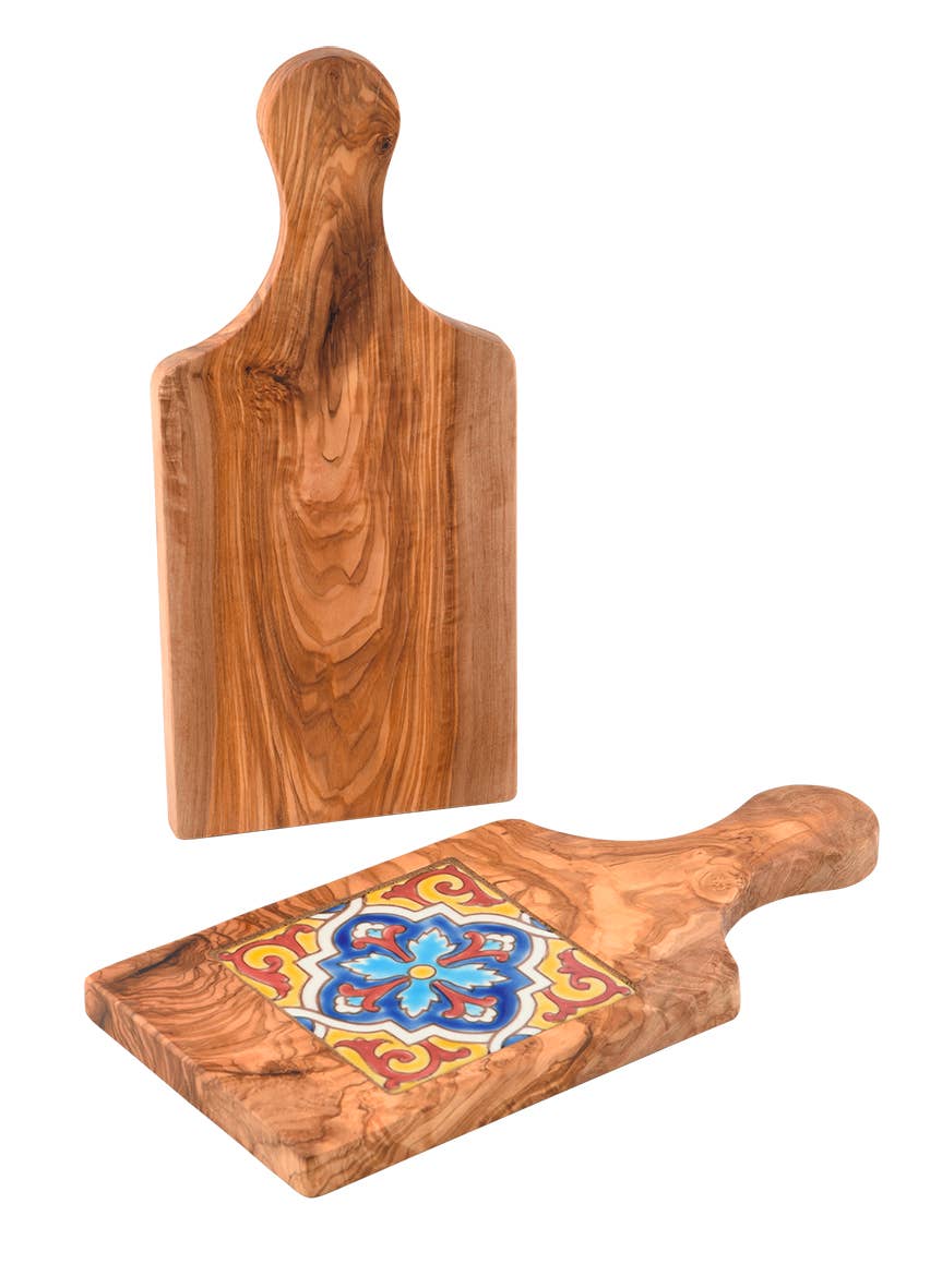 Olive Wood & Hand painted Ceramic paddle board- San Diego yellow