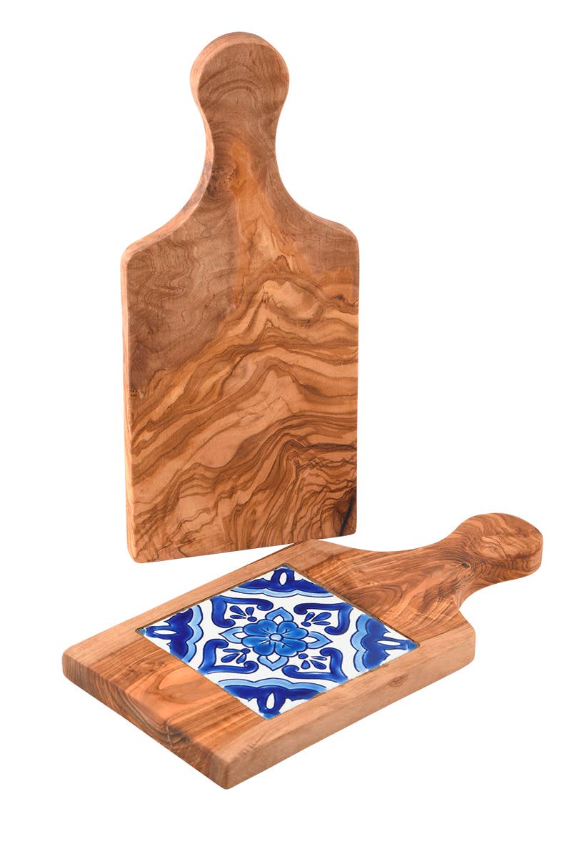 Olive Wood & Hand painted Ceramic paddle board- Cancun Blue